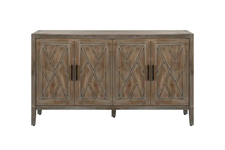 60" Natural and Brown Distressed Carved Geometric Sideboard with Four Doors