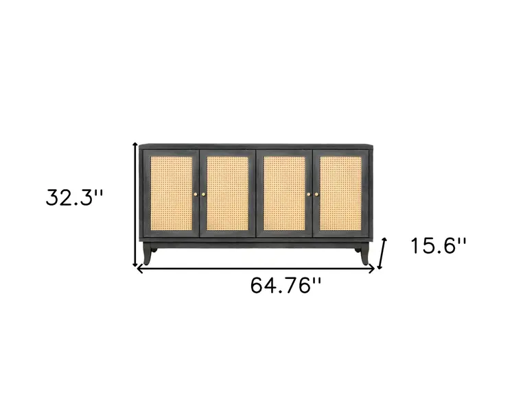 65" Charcoal and Natural Wood and Rattan Sideboard with Four Doors