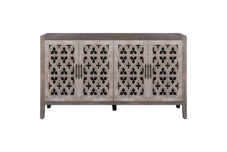 63" Brown Distressed Carved Scrollwork Sideboard with Four Doors