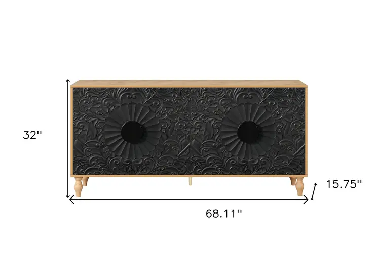 68" Natural and Black Distressed Carved Floral Sideboard with Four Doors