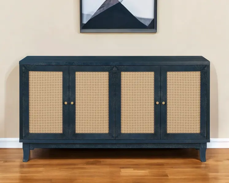 60" Blue Wood And Rattan Distressed Sideboard with Four Doors