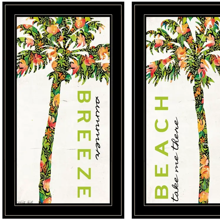 Set Of Two Summer Breeze Funky Palm Trees Black Framed Wall Art