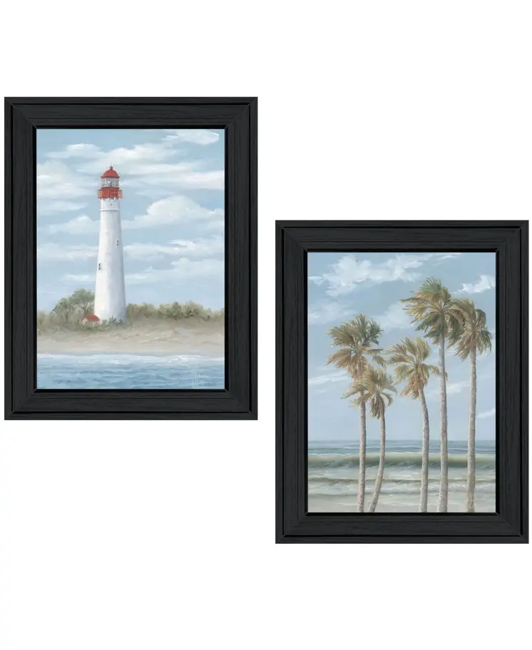 Set Of Two Cape May Lighthouse And Palm Trees Black Framed Wall Art