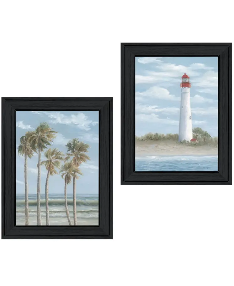Set Of Two Cape May Lighthouse And Palm Trees Black Framed Wall Art