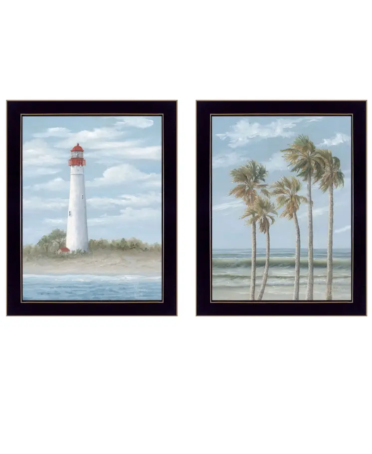 Set Of Two Cape May Lighthouse And Palm Trees Black Framed Wall Art