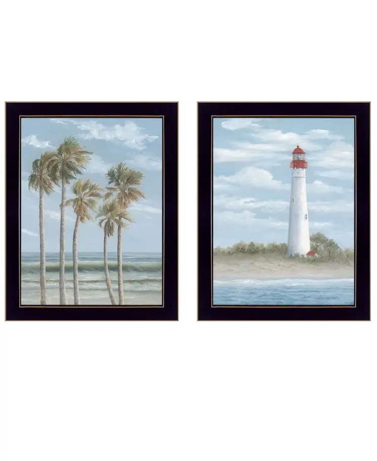 Set Of Two Cape May Lighthouse And Palm Trees Black Framed Wall Art