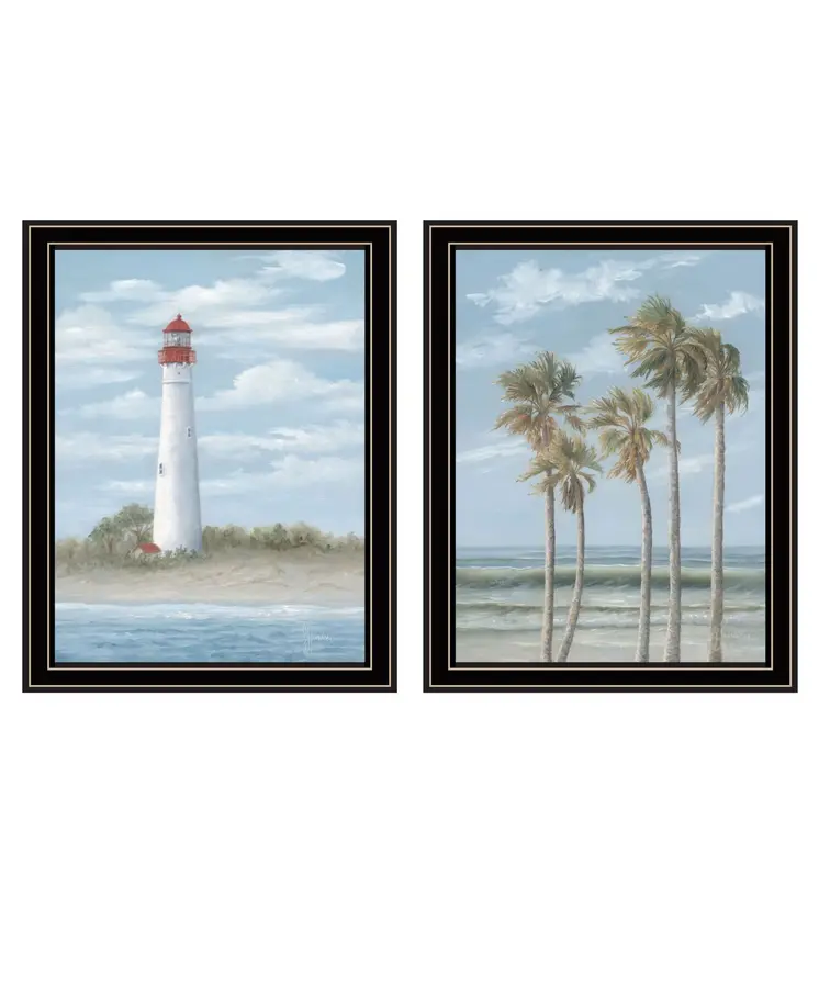 Set Of Two Cape May Lighthouse And Palm Trees Black Framed Wall Art