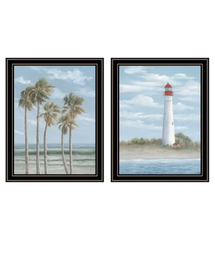 Set Of Two Cape May Lighthouse And Palm Trees Black Framed Wall Art