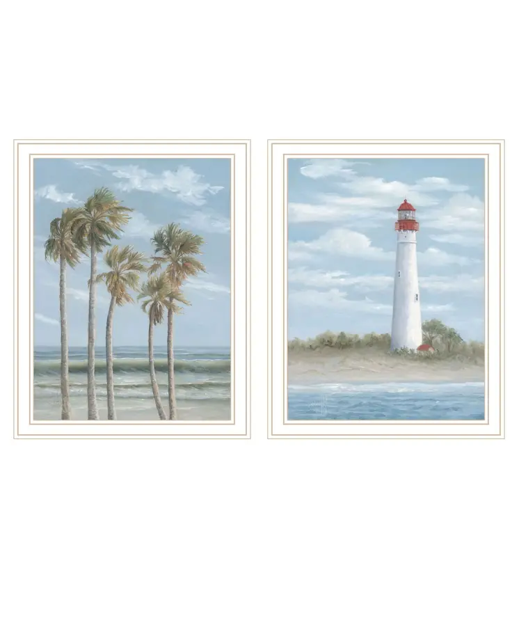 Set Of Two Cape May Lighthouse And Palm Trees White Framed Wall Art