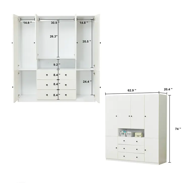 74" White Wood Six Door Three Drawer Combo Dresser