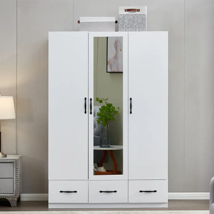 74" White Mirrored Three Door Three Drawer Combo Dresser