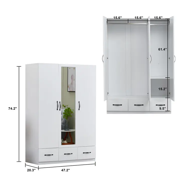 74" White Mirrored Three Door Three Drawer Combo Dresser