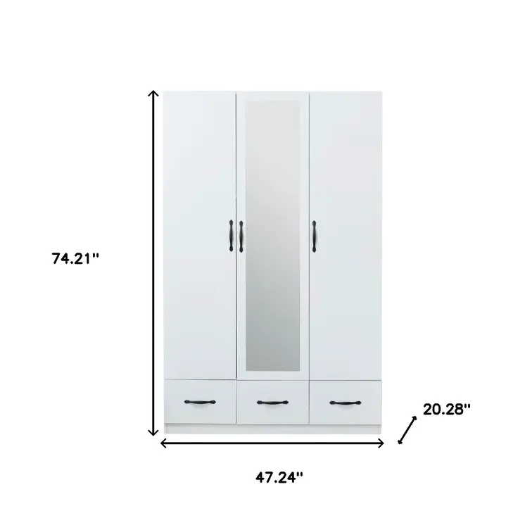 74" White Mirrored Three Door Three Drawer Combo Dresser