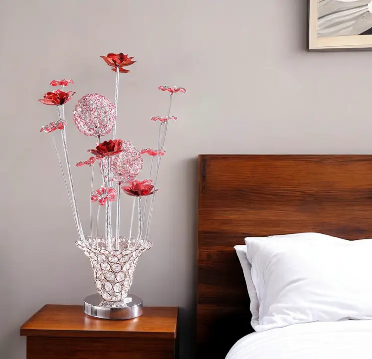 21" Silver and Clear Metal and Faux Crystal Red Roses Bedside Lamp