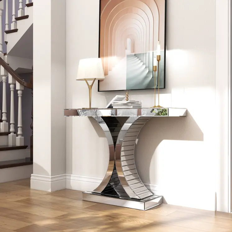 39" Silver Mirrored Glass Pedestal Console Table