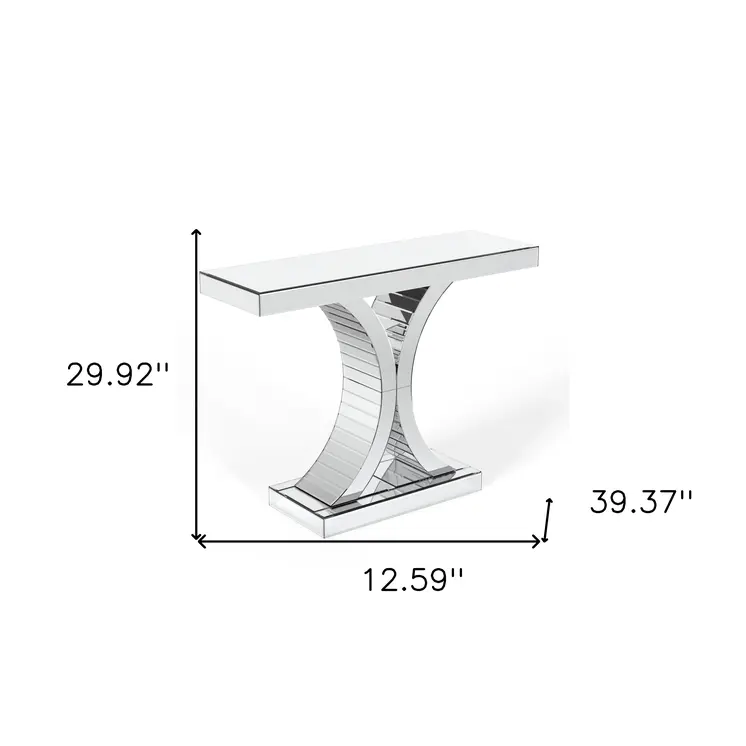 39" Silver Mirrored Glass Pedestal Console Table