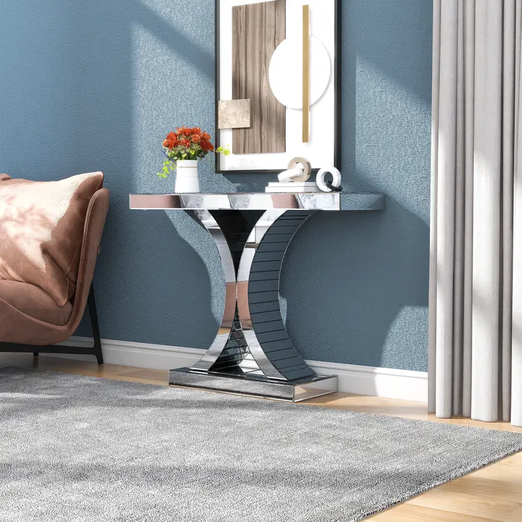 39" Silver Mirrored Glass Pedestal Console Table