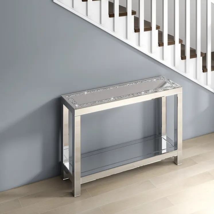 47" Silver Mirrored Glass And Faux Crystals Console Table With Shelf