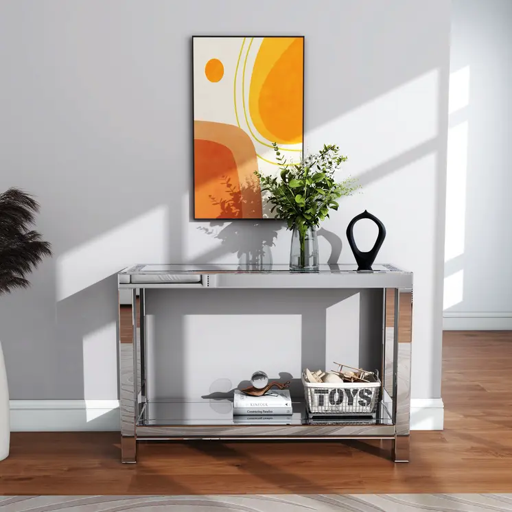 47" Silver Mirrored Glass And Faux Crystals Console Table With Shelf