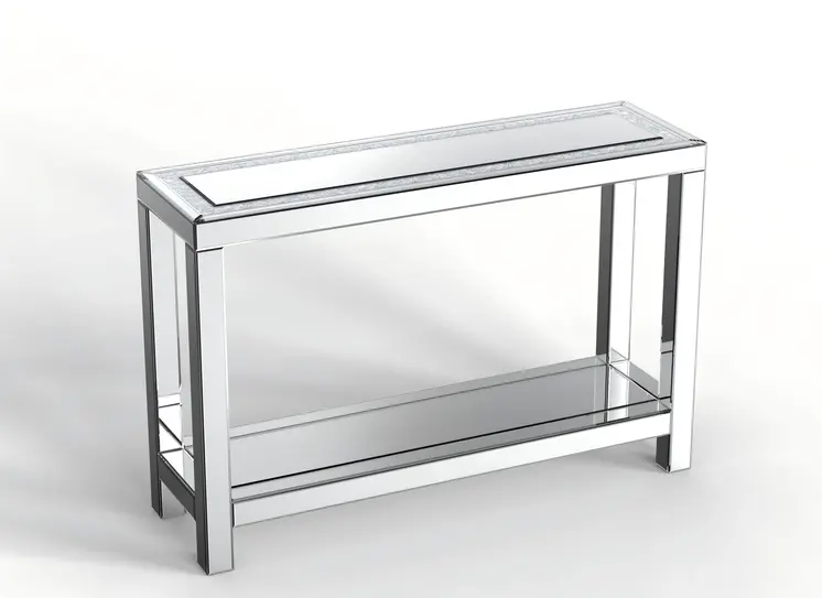47" Silver Mirrored Glass And Faux Crystals Console Table With Shelf