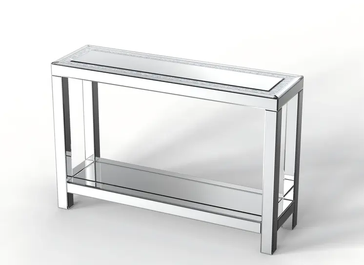 47" Silver Mirrored Glass And Faux Crystals Console Table With Shelf