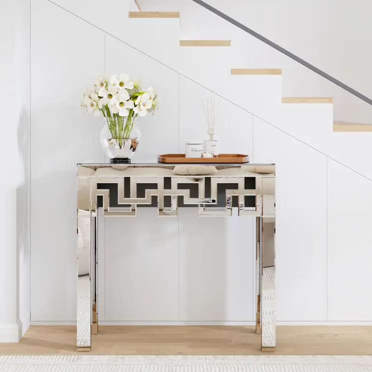 31" Silver Mirrored Glass Geo Pattern Console Table