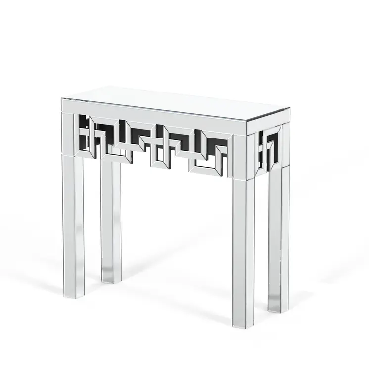 31" Silver Mirrored Glass Geo Pattern Console Table