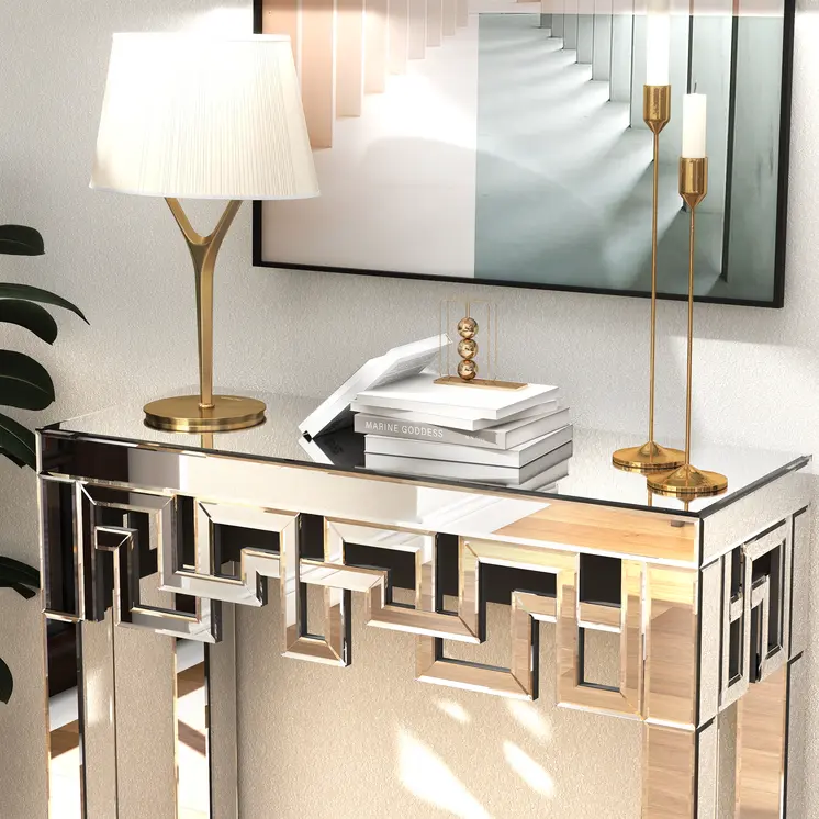 31" Silver Mirrored Glass Geo Pattern Console Table