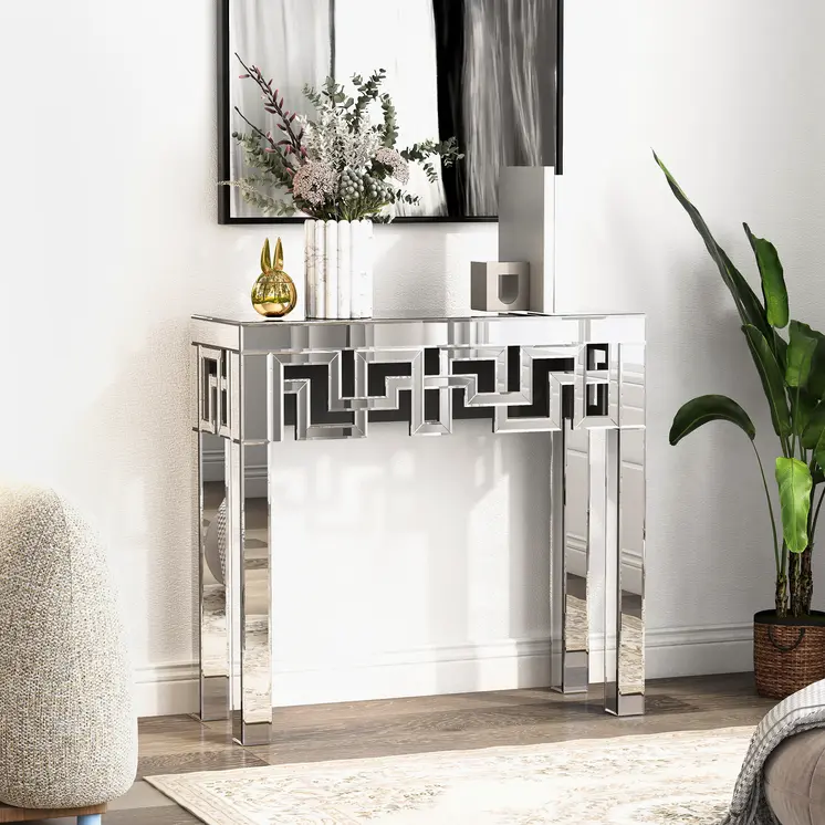 31" Silver Mirrored Glass Geo Pattern Console Table