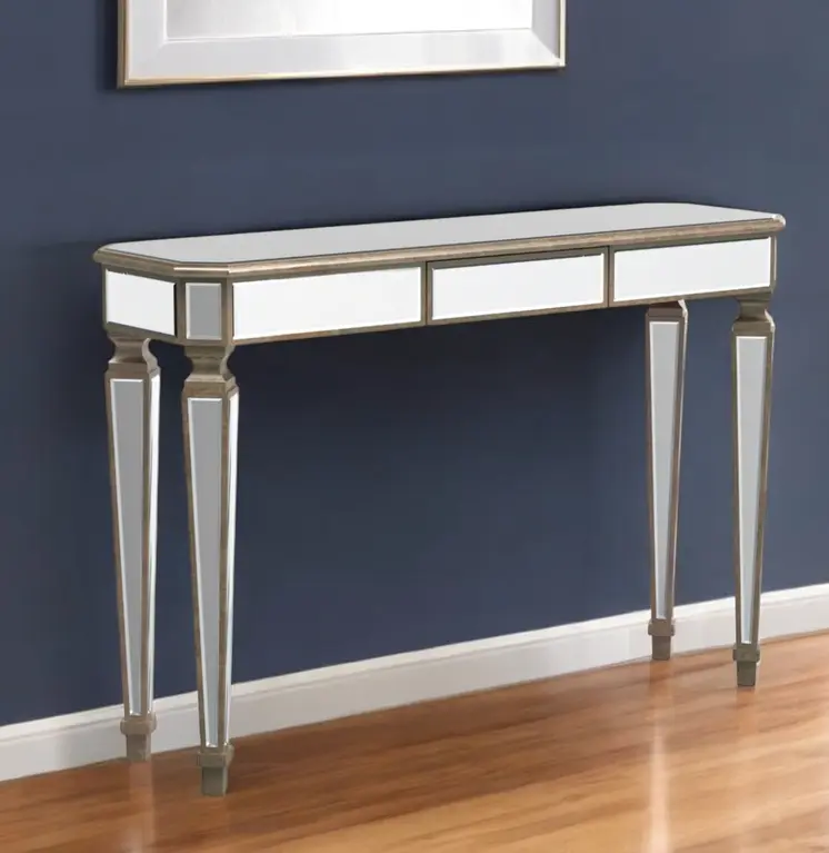 47" Silver and Gold Mirrored Glass Console Table With Drawer