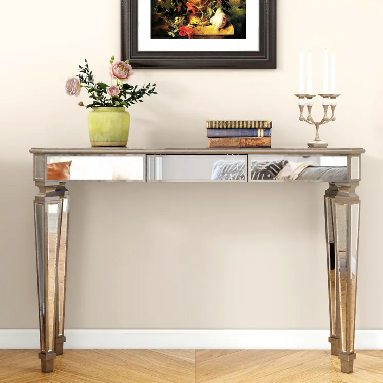 47" Silver and Gold Mirrored Glass Console Table With Drawer