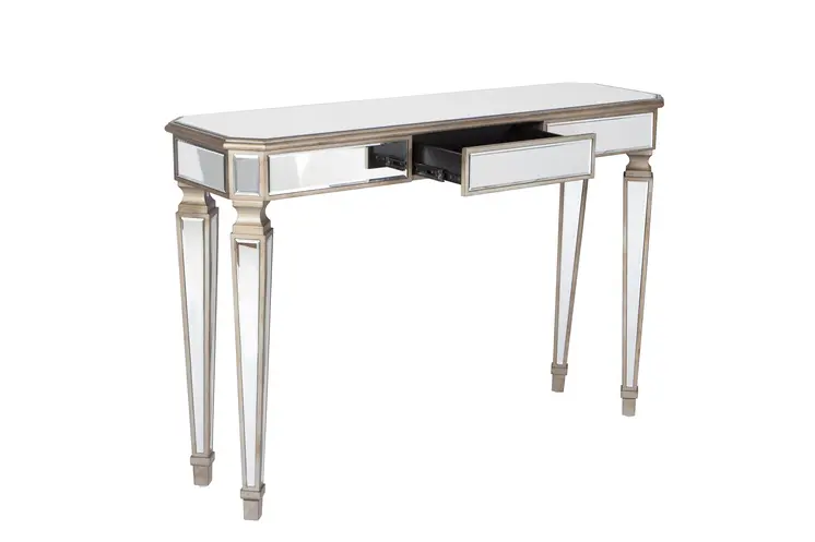 47" Silver and Gold Mirrored Glass Console Table With Drawer