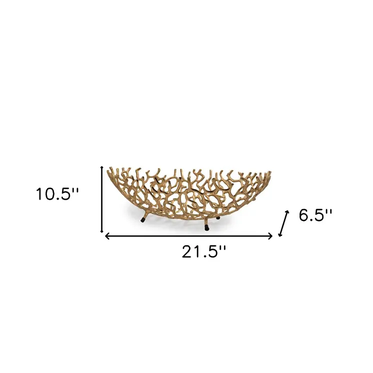 22" Gold Aluminum Oval Faux Coral Centerpiece Bowl