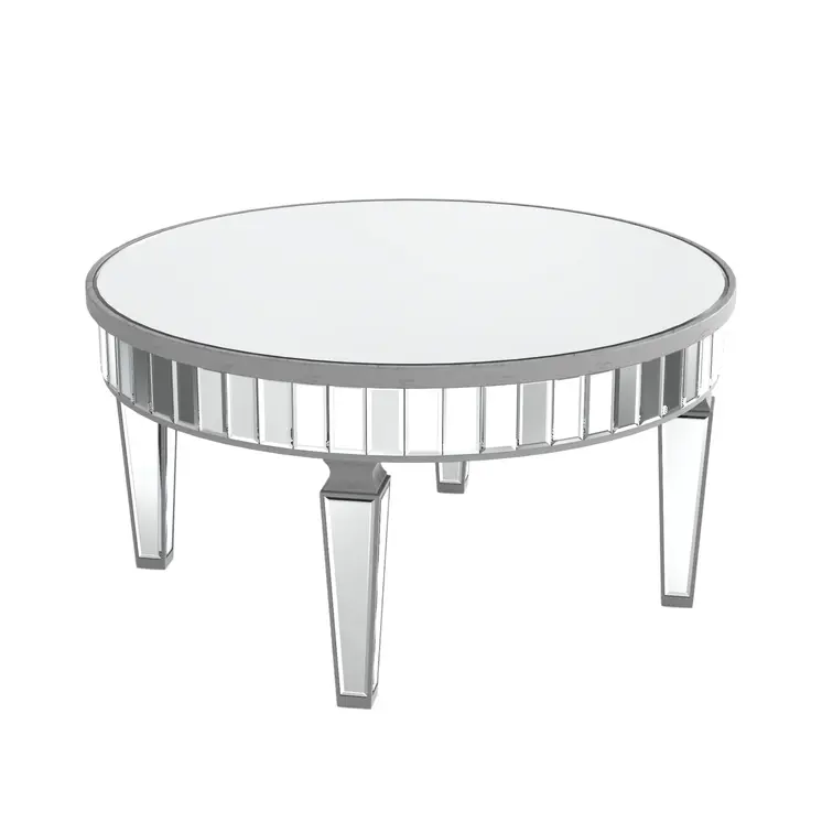 32" Silver Mirrored Glass Round Coffee Table