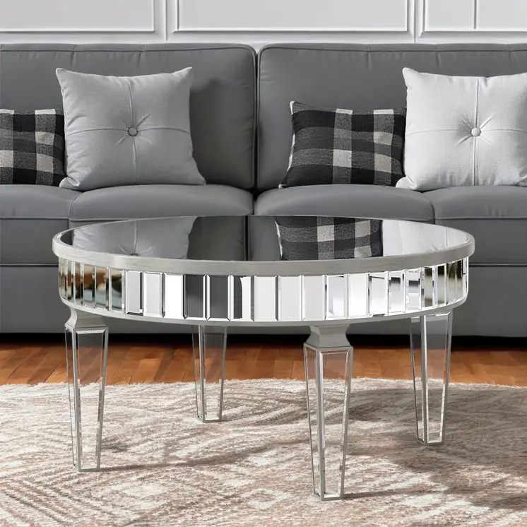 32" Silver Mirrored Glass Round Coffee Table