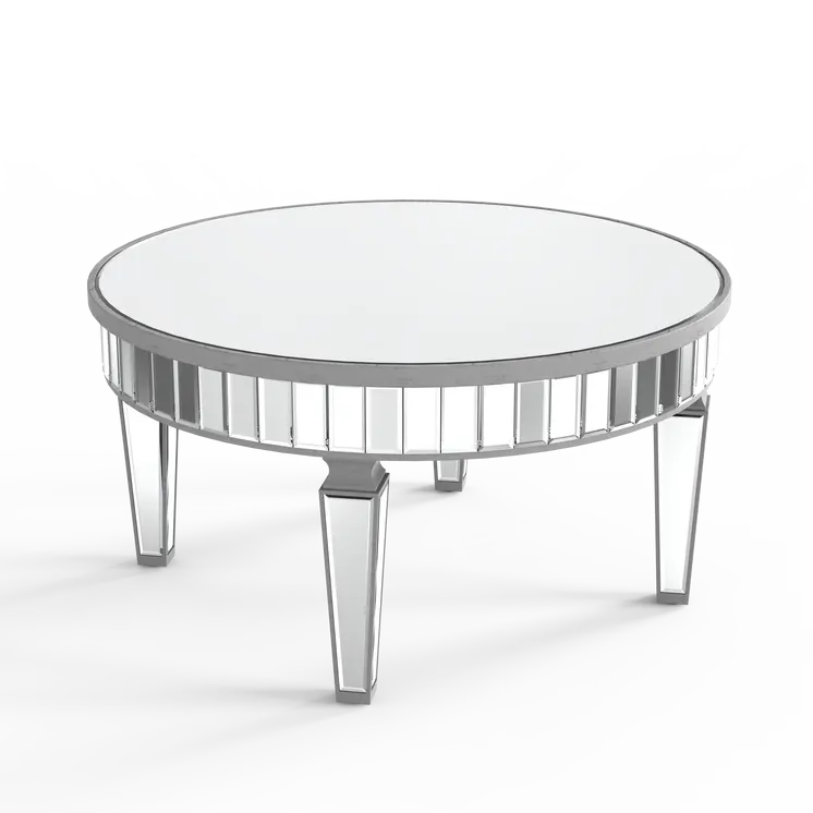 32" Silver Mirrored Glass Round Coffee Table