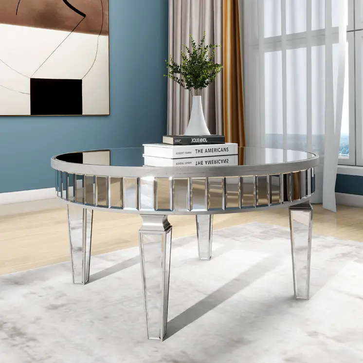 32" Silver Mirrored Glass Round Coffee Table