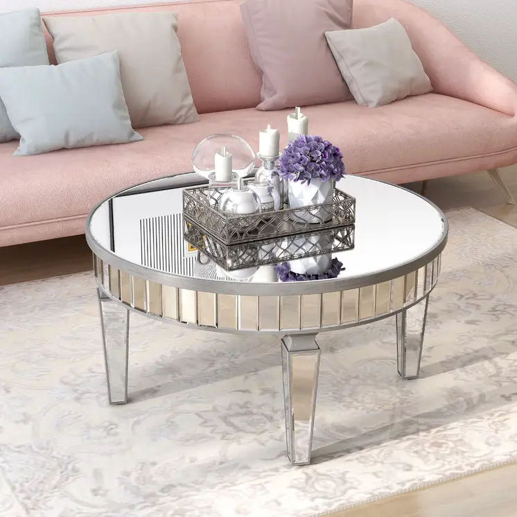 32" Silver Mirrored Glass Round Coffee Table
