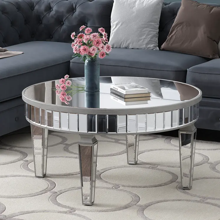 32" Silver Mirrored Glass Round Coffee Table