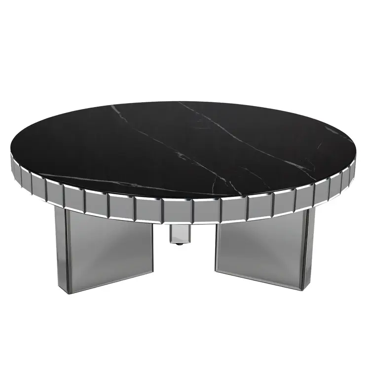 35" Silver And Black Mirrored Glass and Faux Marble Round Coffee Table
