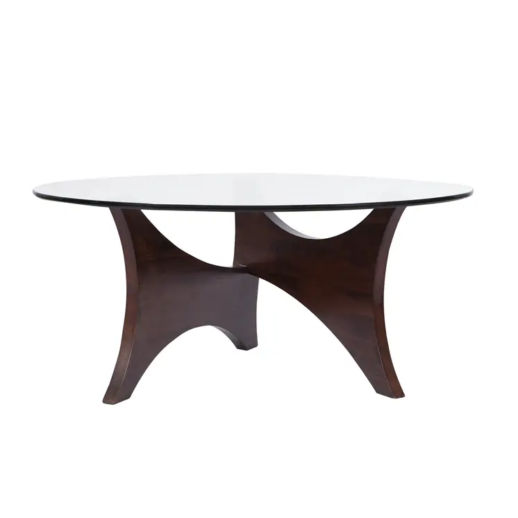 35" Clear And Brown Glass And Wood Round Coffee Table