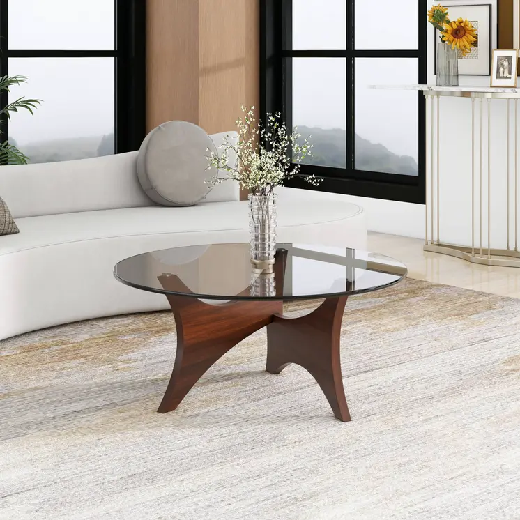 35" Clear And Brown Glass And Wood Round Coffee Table