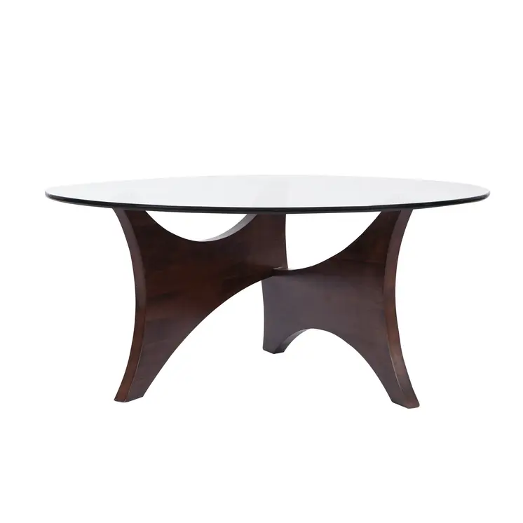 35" Clear And Brown Glass And Wood Round Coffee Table