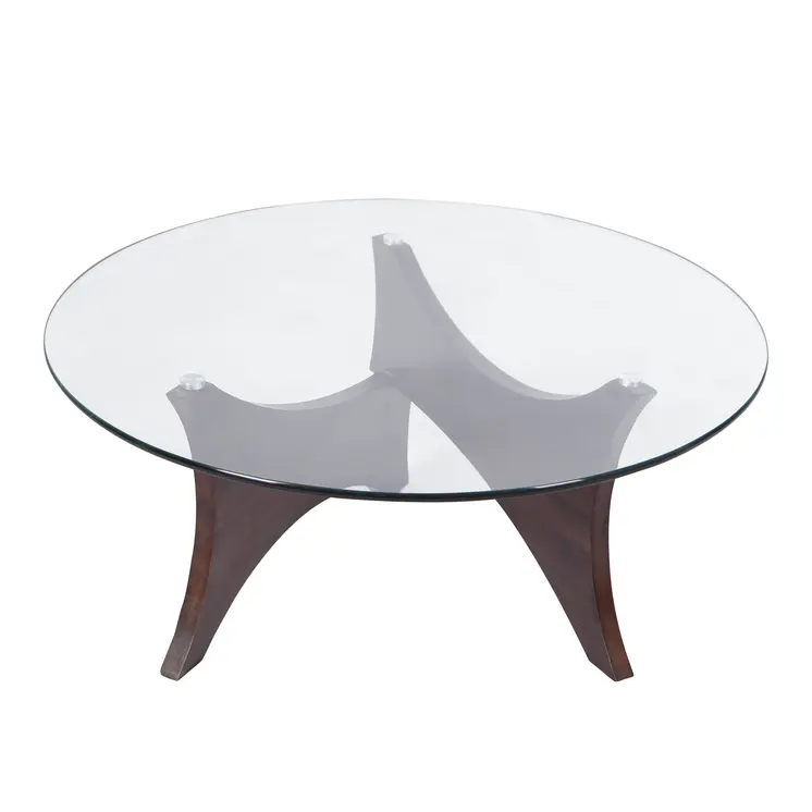 35" Clear And Brown Glass And Wood Round Coffee Table