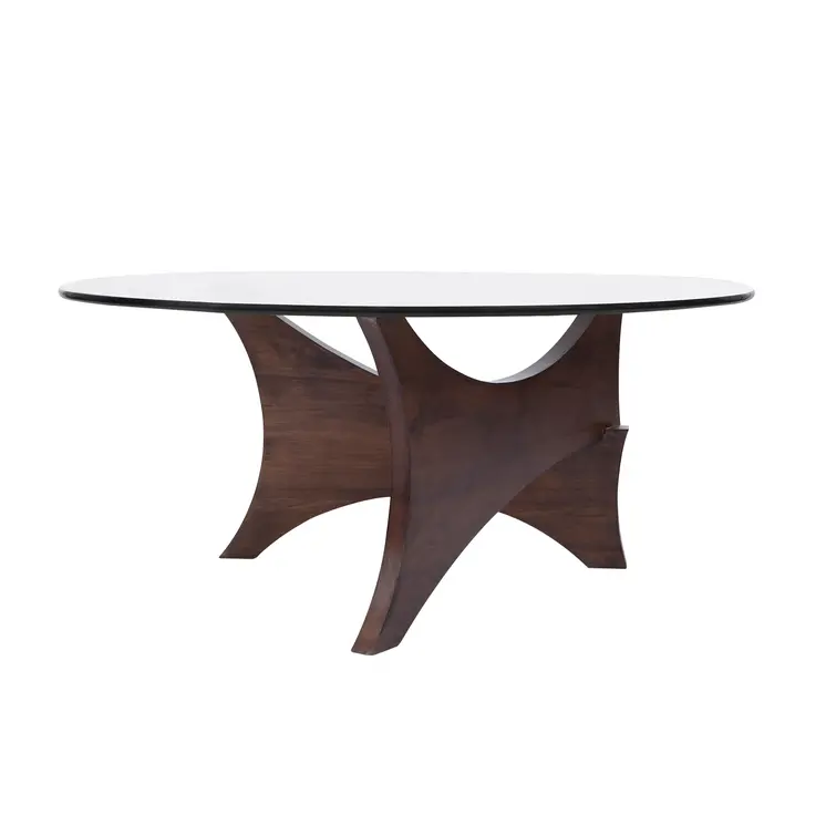 35" Clear And Brown Glass And Wood Round Coffee Table