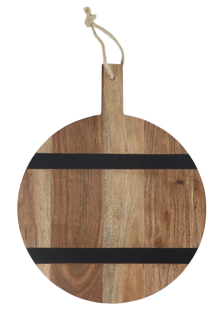 15" Natural And Black Solid Wood Striped Handmade Round Cheese Board With Handle