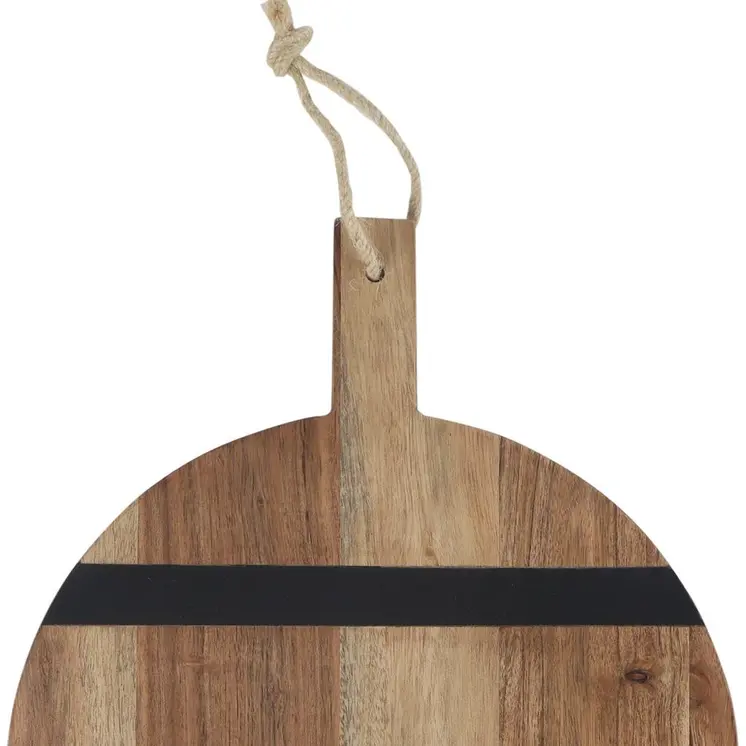 15" Natural And Black Solid Wood Striped Handmade Round Cheese Board With Handle