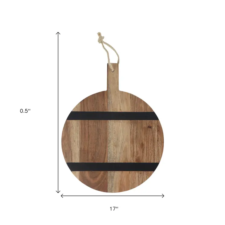 15" Natural And Black Solid Wood Striped Handmade Round Cheese Board With Handle