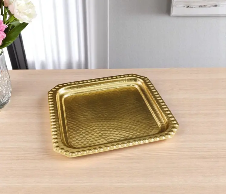 12" Gold Hammered Aluminum Handmade Square Serving Tray