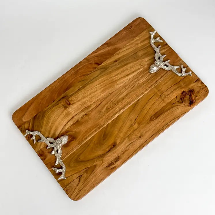 14" Brown Solid Wood And Aluminum Deer Stag Handmade Cheese Board